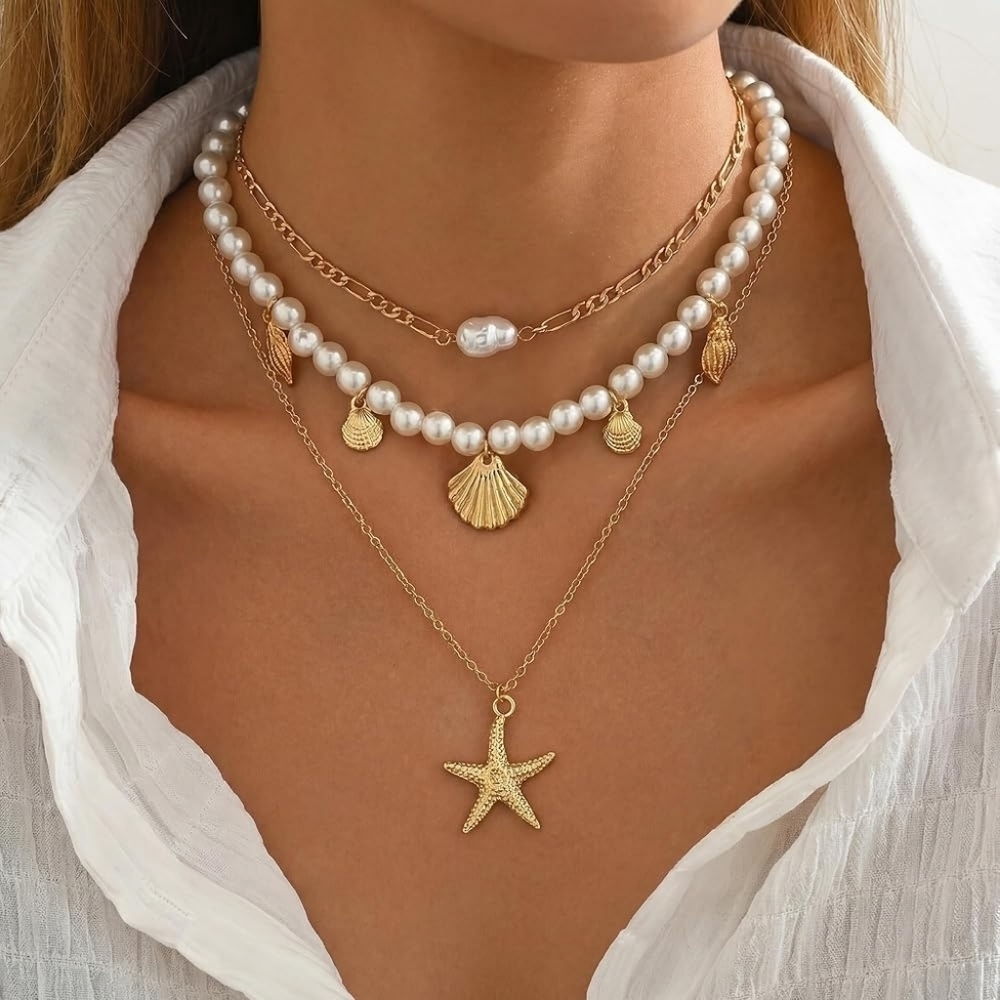 Gold Plated Boho Layered Pearl Conch Shell Starfish Necklace